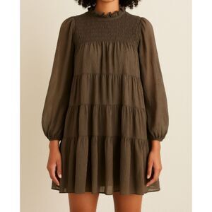 En Saison Smocked Tiered Mini Dress Brown Long Sleeve Sheer Boho Chic Size Small
